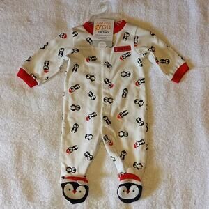 Carter's Just One You My 1st Christmas White Red Trim Penguin Footie Pajamas NB